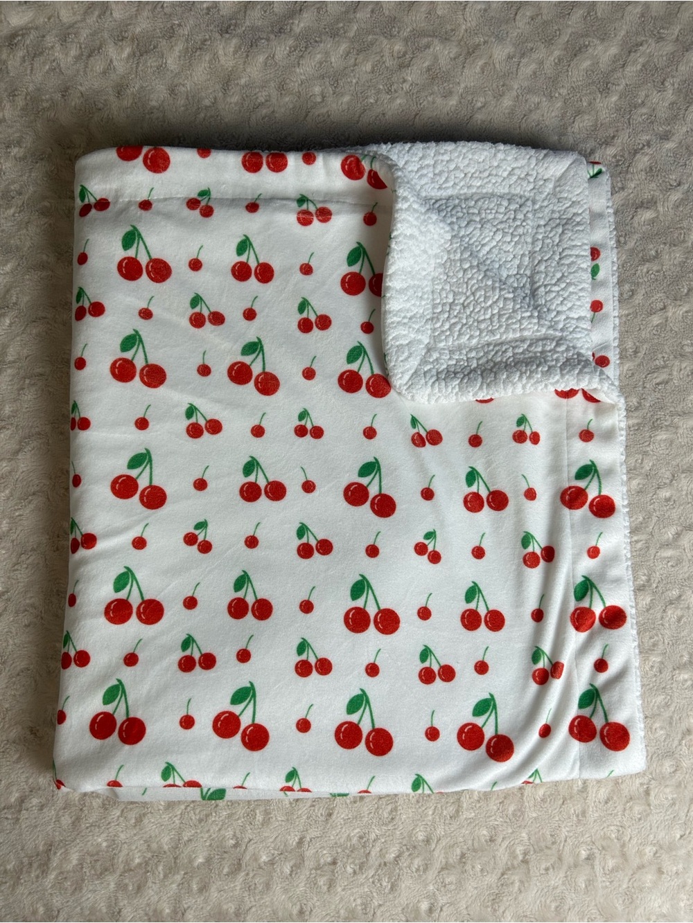 Ava Olivia Cherry Baby Blanket Red White Green Sherpa Fruit Cherries Lovey